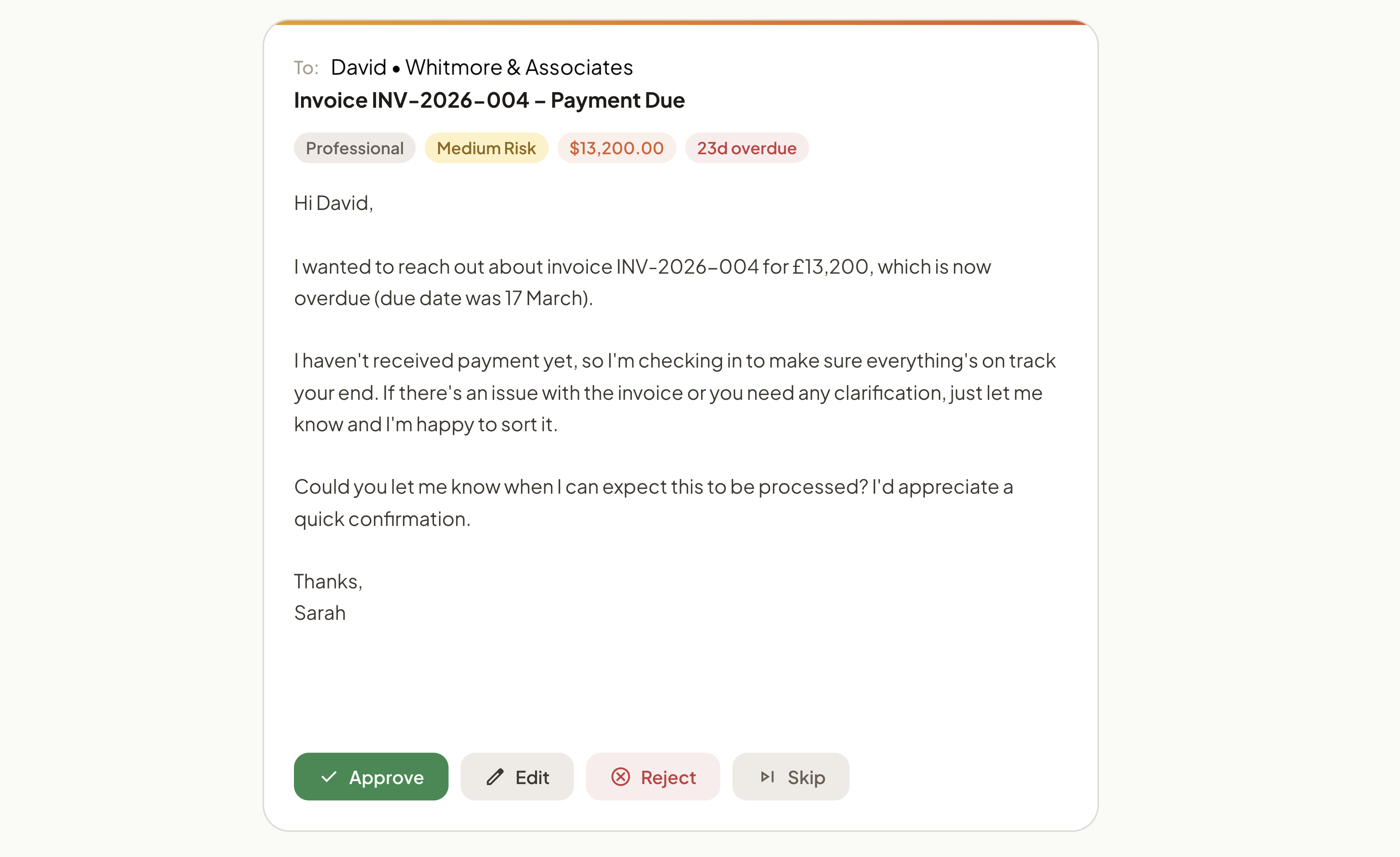 Chasivo AI follow-up draft for an overdue invoice with approve and edit buttons