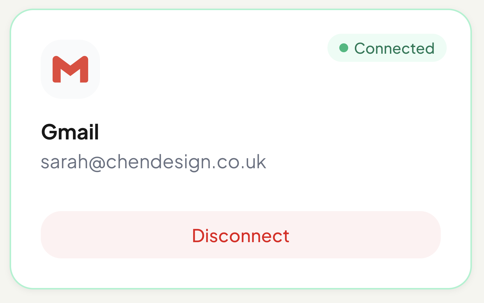 Gmail integration connected in Chasivo showing email address and connected status