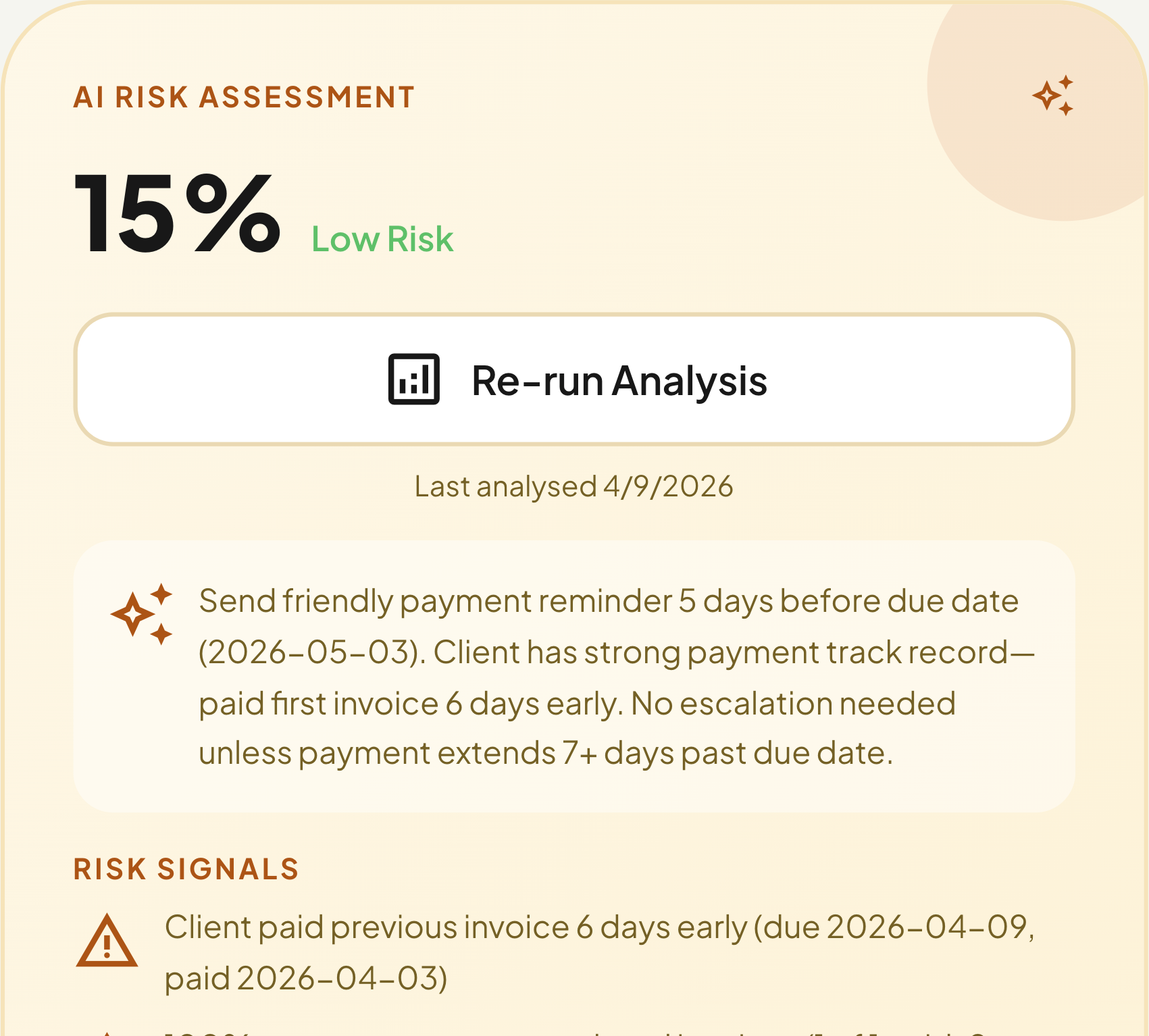 Invoice risk scoring dashboard showing AI risk assessment with risk signals